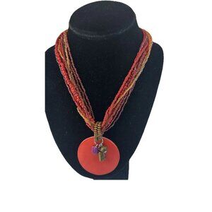 Seed Bead Multistrand Necklace Medallion Pendant Costume Jewelry Cherry Red Boho